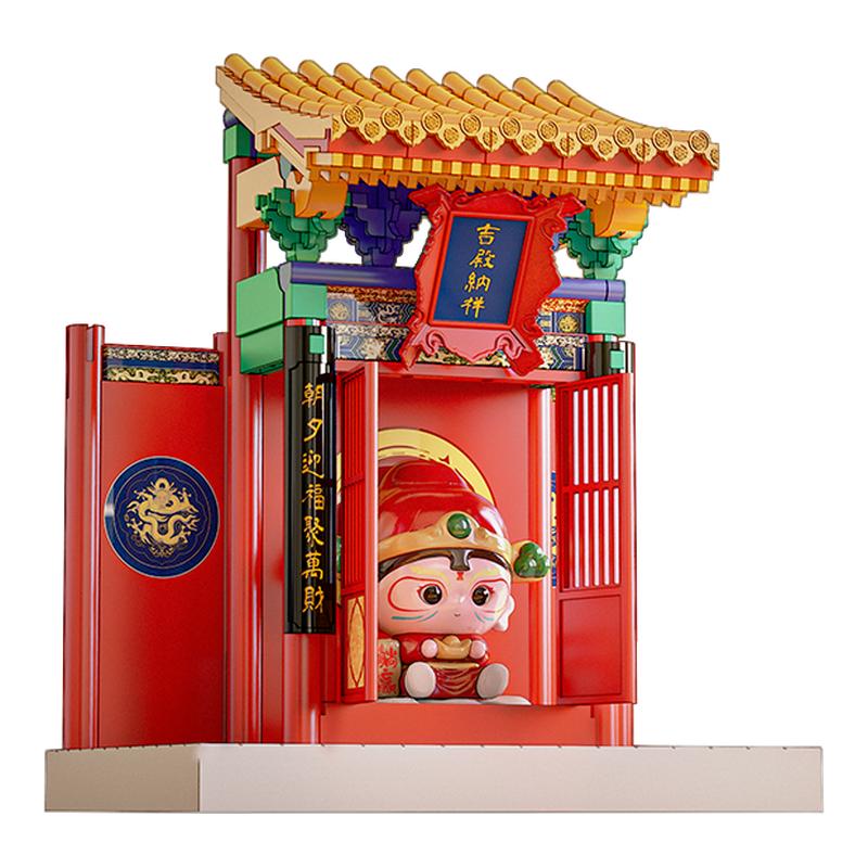 重拾营造新品中国风财神殿积木榫卯建筑模型拼装玩具红色招财摆件