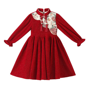 女童秋冬款连衣裙2025新款儿童礼服中大童长袖中国风红色加绒裙子