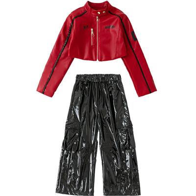 女童韩版爵士舞长袖夹克皮裤套装