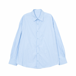 Hualun条纹钉珠衬衫男生长袖设巨好看设计感休闲上衣韩版痞帅衬衣