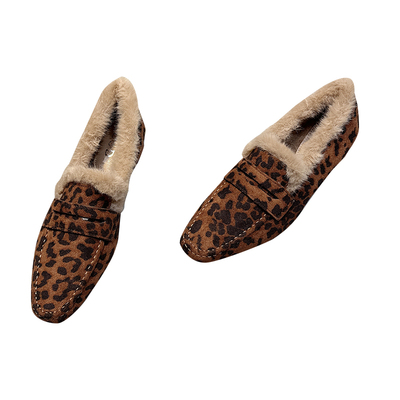 豹纹方头平底玛丽珍毛毛鞋