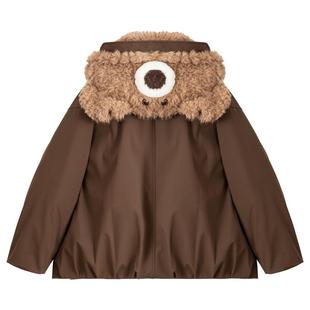 KEIKO 巴恩风毛绒熊连帽短款棉服女25冬季防风保暖加厚棉袄外套