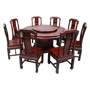 阔叶黄檀红木餐桌椅组合中式带转盘圆餐桌印尼黑酸枝餐厅家用饭桌