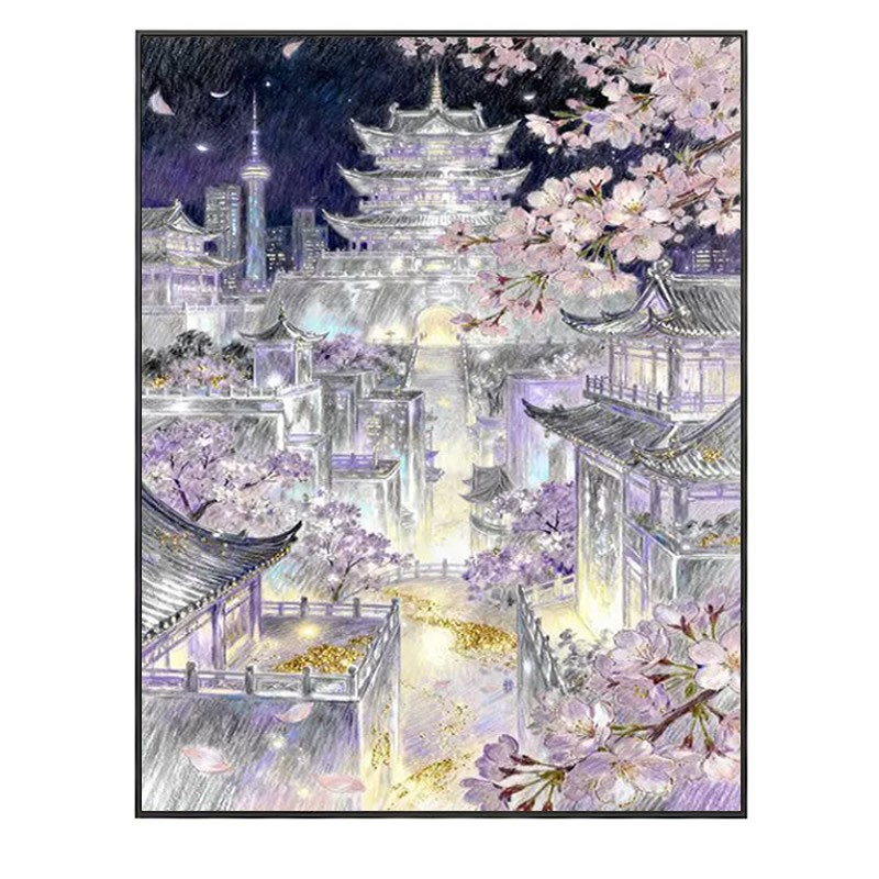 紫色樱花古城方钻钻石画2026新款治愈系水乡亭子粘贴砖十字绣客厅