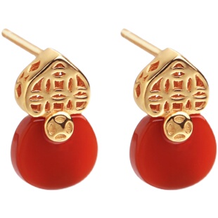 南红玛瑙纯银镀金和田玉葫芦耳钉女高级感本命年红色新年耳饰耳环