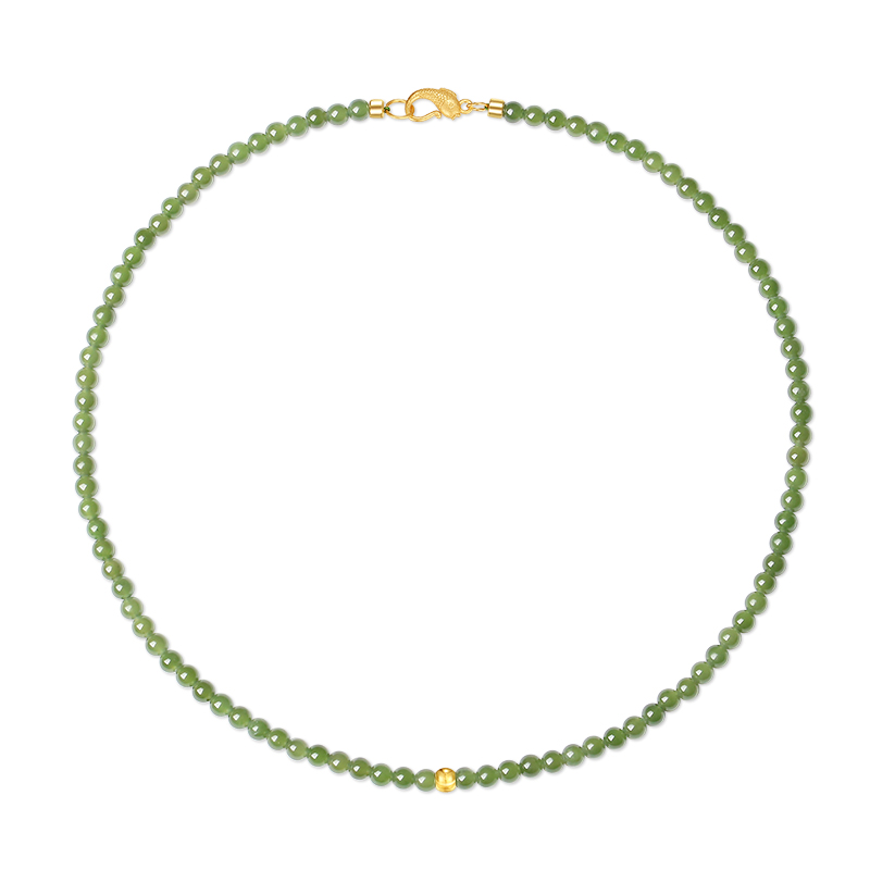 天然和田玉碧玉小米珠项链女足金锁骨链菠菜绿阳绿妈妈款玉石珠链