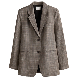 HM女装西装春季V领单排扣平驳领亚麻混纺西服外套1293033