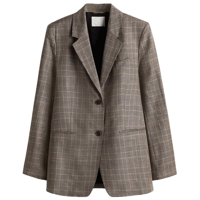 HM女装西装夏季V领单排扣平驳领亚麻混纺西服外套1293033