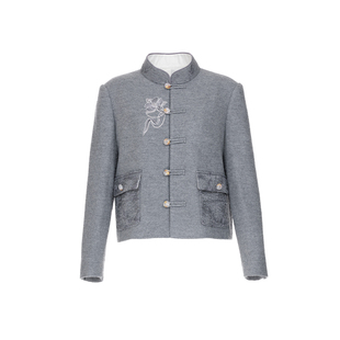 花木深刺绣毛呢外套女冬新款国风对襟呢子上衣新中式立领羊毛大衣