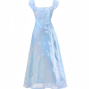 超仙气温柔风飞飞袖蓝色连衣裙女夏2025新款甜美气质收腰显瘦长裙