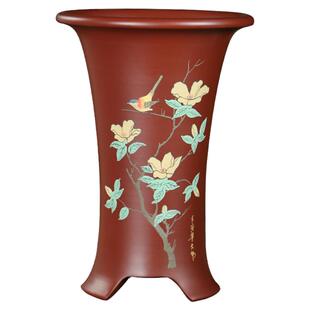宜兴紫砂花盆陶瓷绿植阳台精品大红袍彩绘束腰花盆兰草兰花专用盆