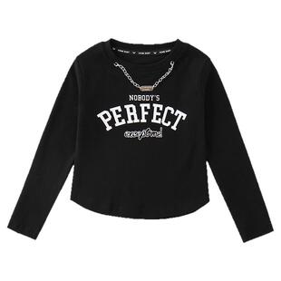 女童长袖t恤春秋款纯棉高腰黑白色打底衫炸街中大童网红短款上衣