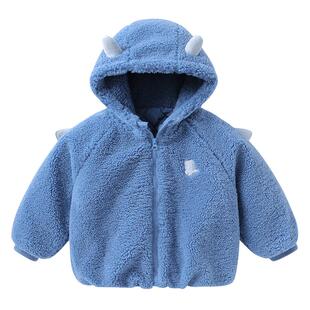 右欧男童女童连帽毛茸茸外套儿童保暖上衣立体小恐龙冬季新款童装
