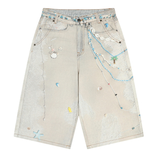 mostwanted夏威夷蕾丝冷转移印花仿牛仔七分裤百搭假日风裤链短裤