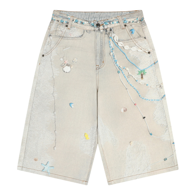 mostwanted夏威夷蕾丝冷转移印花仿牛仔七分裤百搭假日风裤链短裤