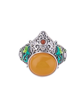 山予棠S925纯银蜜蜡复古国潮珐琅吉祥唐草纹镂空喜字葫芦戒指指环