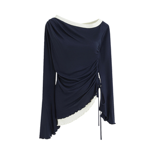 UNSPOKEN时尚休闲套装女春季撞色斜肩针织衫休闲裤垂感半裙三件套