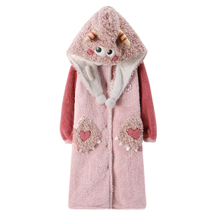 睡袍女款2025新款冬加厚加绒睡衣女士连帽可外穿长款开衫家居服女