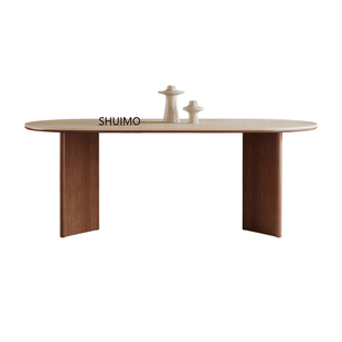 德利丰岩板洞石法式餐桌中古家用奶油椭圆长方形半圆客厅小户型