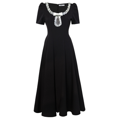 千金风钻领蝴蝶结短袖高腰连衣裙