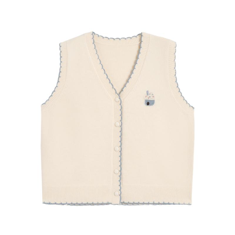 紫涵v领无袖针织马甲女2025年冬季新款撞色花边刺绣叠穿马夹背心