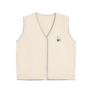 紫涵v领无袖针织马甲女2025年冬季新款撞色花边刺绣叠穿马夹背心