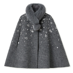 2025秋冬重工绣花羊毛呢钉珠狐狸毛领斗篷双面呢外套老钱风大衣女