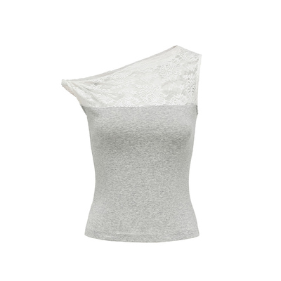 一字肩花灰拼蕾丝背心T恤