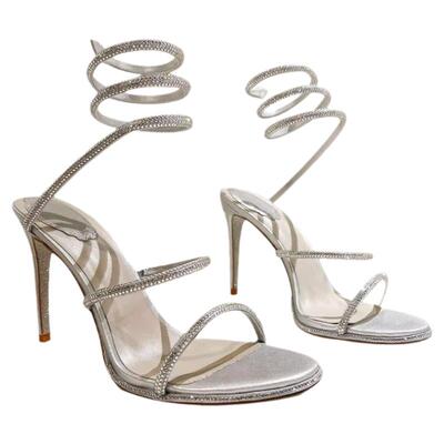 蛇形缠绕水晶鞋法式细跟仙女凉鞋