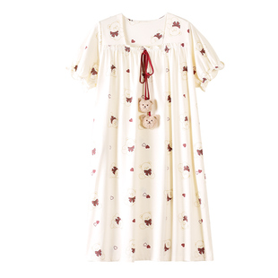 睡裙女士夏季纯棉短袖2026新款夏天睡衣带胸垫可爱甜美长款连衣裙