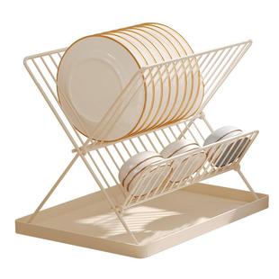 轻奢奶油风厨房置物架台面碗碟收纳架家用多功能可折叠沥水碗盘架