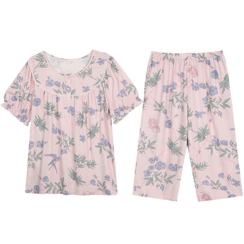 秋鹿【环保棉】甜美碎花睡衣夏季女透气宽松梭织人棉家居服套装