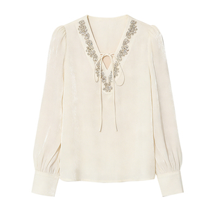 DPLAY白色V领雪纺衫镶钻系带设计感微喇袖时尚衬衫上衣2026年