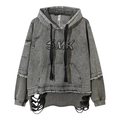 复古潮牌假二件水洗做旧破洞重工刺绣字母连帽牛仔卫衣外套男女