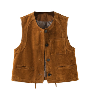 老钱风高端山羊皮反绒真皮马甲女2025新款无袖皮坎肩短款皮背心