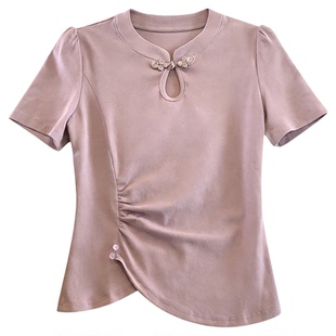 大码新中式不规则正肩短袖女t恤夏胖mm显瘦宽松褶皱国风盘扣上衣