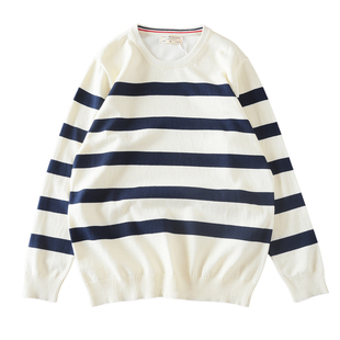 欧美简约复古条纹圆领针织衫男秋冬款纯棉毛衣男士上衣内衣内搭