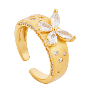 水晶蝴蝶戒指纯银女士女款小众设计轻奢高级感金色戒指叠戴开口