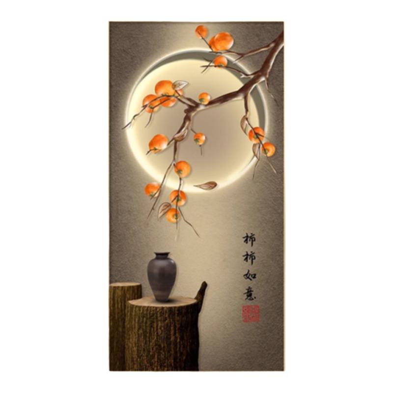 新中式玄关装饰画柿子树墙画寓意好运走廊过道壁画客厅竖版挂画