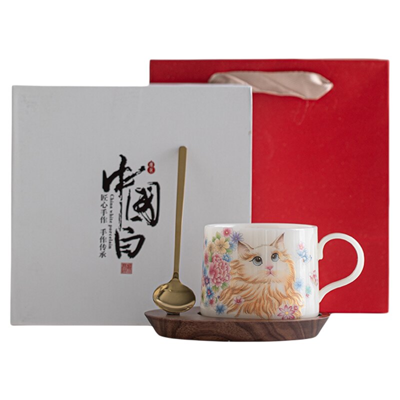 中国风猫咪陶瓷咖啡杯带勺礼盒