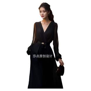 黑色连衣裙雪纺长袖长款过膝大摆裙名媛气质高级感礼服新款女装