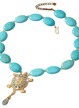 中古民族蓝松石琉璃镶嵌天然石乌龟优雅端庄项链