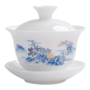 德化白瓷三才盖碗带盖家用陶瓷功夫茶具简约单个泡茶碗冲茶器纯白