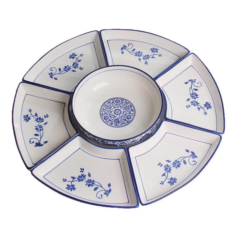 抖音同款青花瓷拼盘餐具组合釉下彩炒菜盘扇形盘套装家用菜盘子