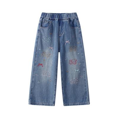 植木童装儿童裤子2026春新款中大童可爱小狗直筒牛仔裤女童裤子