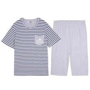 美标夏情侣短袖七分裤睡衣男女纯棉套装针织条纹家居服棉绸