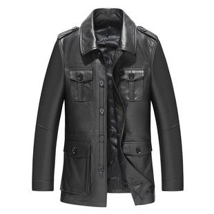 头层小牛皮风衣男猎装真皮皮衣男翻领行政款爸爸装皮夹克27-19008