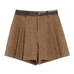 ELLE绵羊毛高级感毛呢休闲短裤女2025冬季新款拼接小个子阔腿裤子