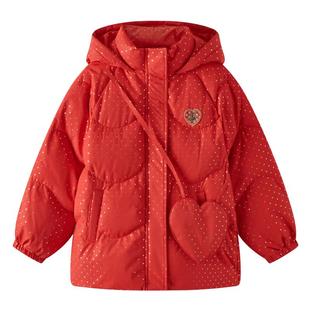 POLOWALK童装秋冬新款女童连帽羽绒服珍珠挂链保暖新年红色外套