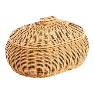 水果篮圆形零食篮子藤编带盖收纳筐首饰化妆品玩具收纳箱仿藤编织